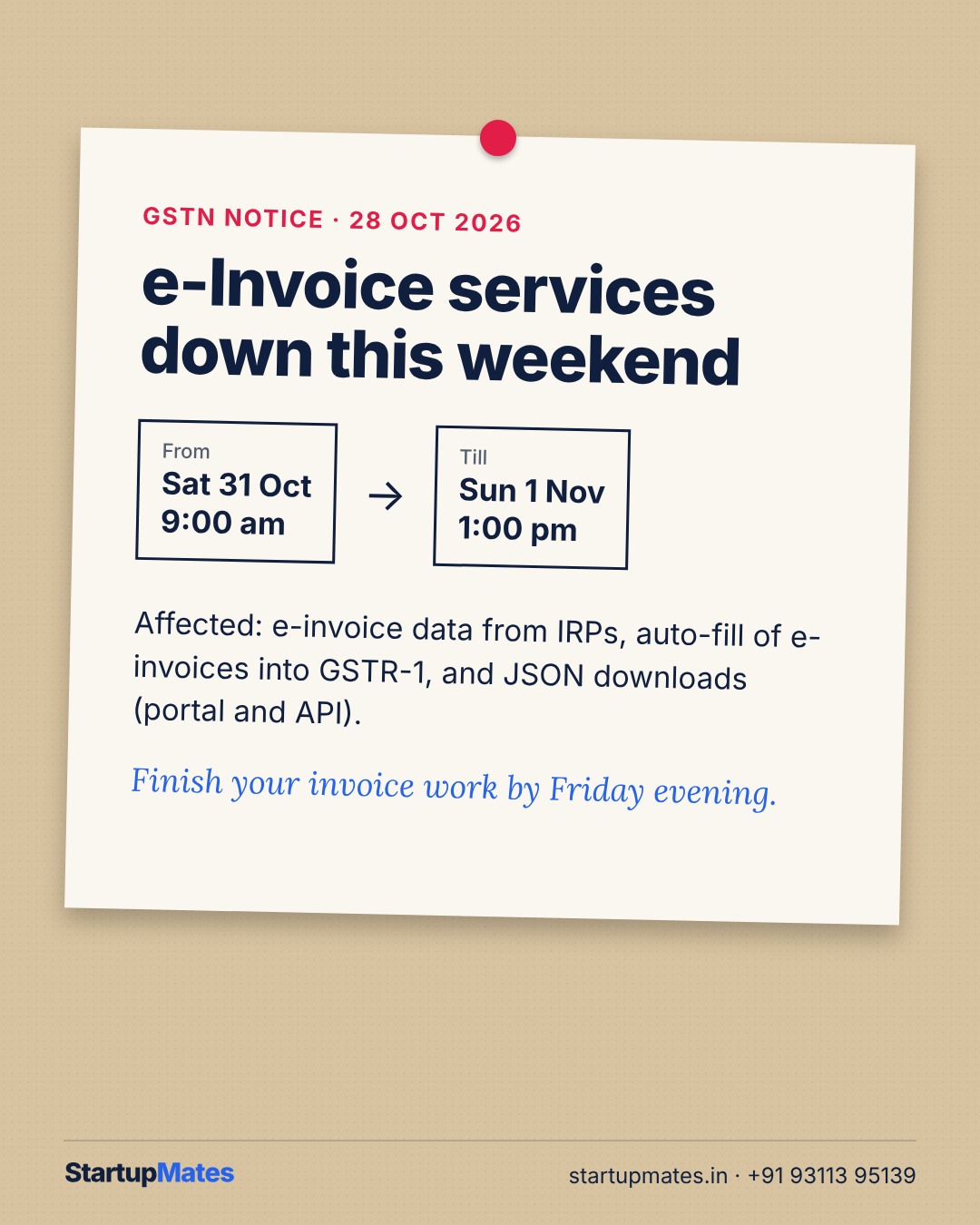 GST e-Invoice services unavailable from 31 Oct, 9 am to 1 Nov, 1 pm: what is affected and how to plan